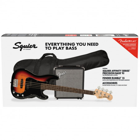 Squier Affinity Series Precision Bass PJ Pack, 3TS, Gig Bag, Rumble