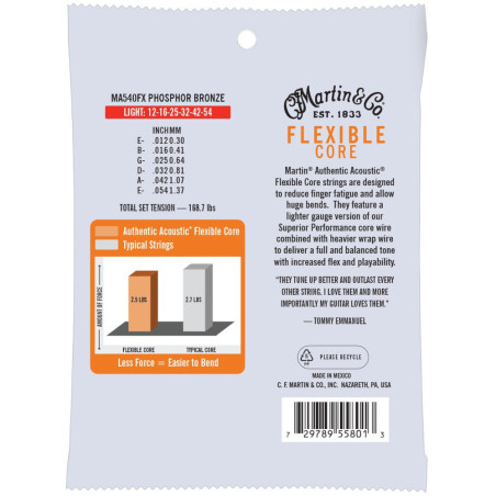 Martin Authentic Acoustic Flexible Core Phosphor Bronze Strings 12-54