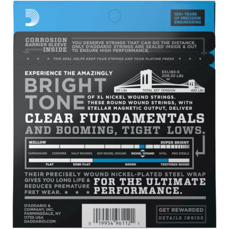 D’Addario Cordas Baixo Elétrico EXL165-5 5-cordas Escala Longa