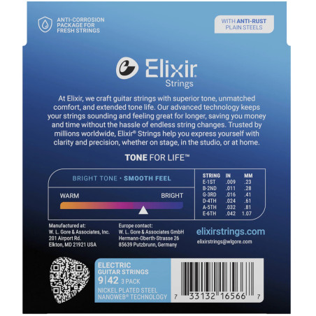 Elixir 16566 Nanoweb Electric Guitar Strings, Super Light, 9-42, 3-Pac