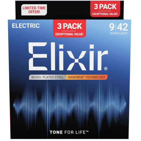 Elixir 16566 Nanoweb Electric Guitar Strings, Super Light, 9-42, 3-Pac
