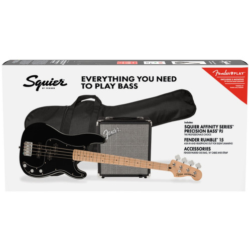 Squier Affinity Series Precision Bass PJ Pack, Black, Gig Bag, Rumble