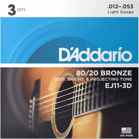 D'Addario EJ11 3-Pack Regular Light Acoustic Guitar Strings 12-53