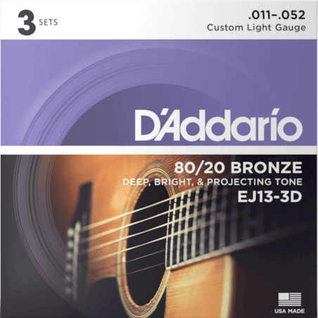 D'Addario EJ13 3-Pack Custom Light Acoustic Guitar Strings 11-52