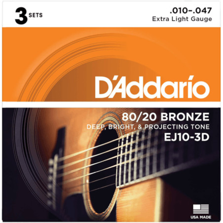 D'Addario EJ10 3-Pack Extra Light Acoustic Guitar Strings 10-47