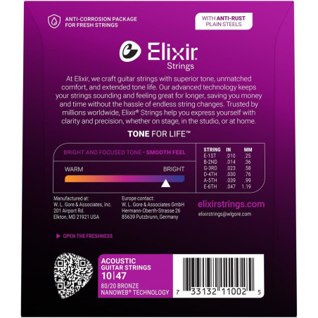 Elixir Acoustic 80/20 Bronze Strings NANOWEB 010-047